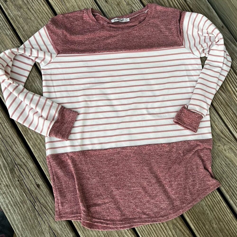 Vemvan Sweater Solid Color Block and Stripes Pink Crewneck.  Women's XL